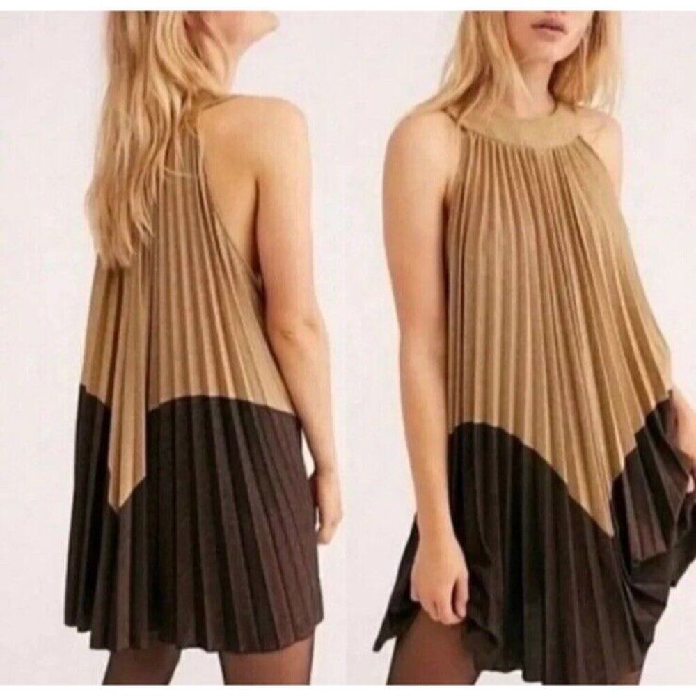 Free People  Gold Bronze Pleated Mini Dress LOVE METALLIC Colorblock Small
